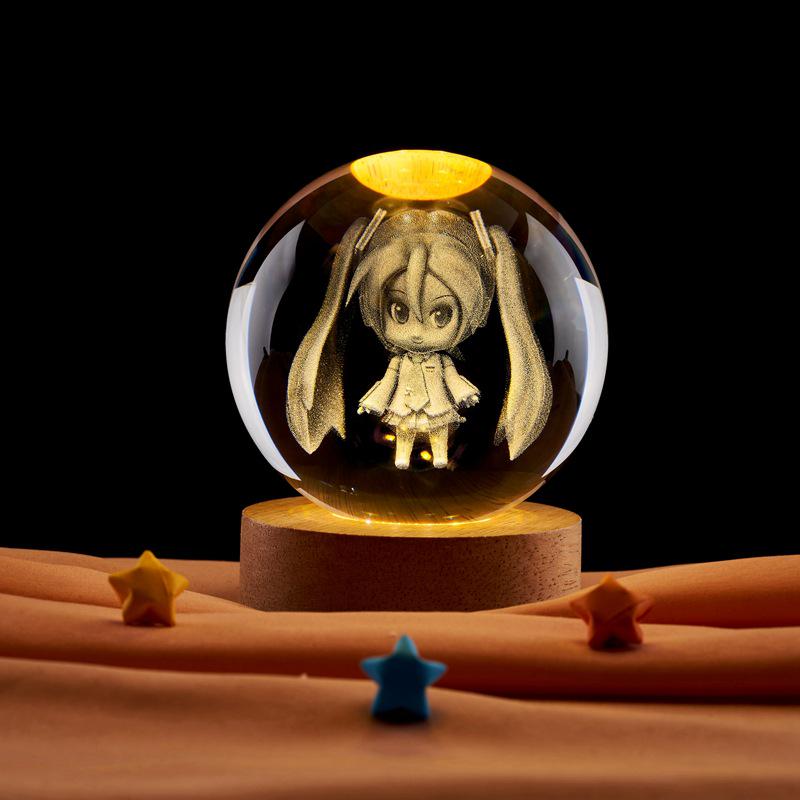 3D Anime Girl Crystal Ball Night Light with Laser Engraving and Starry Sky Effect
