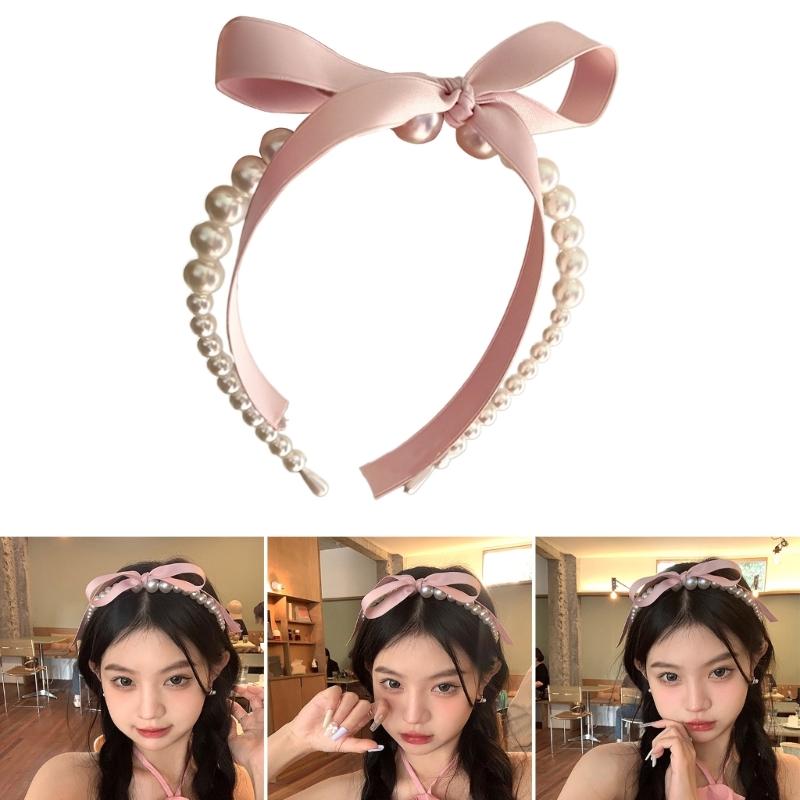 Bowknot Headband for Woman with White Pearls Decors Delicate Headbands Banquets Headbands Sweet Hairbands Yoga Supply