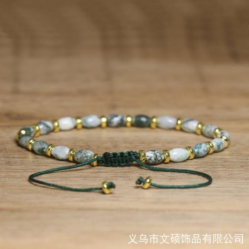 Tree Agate Oval Bead Bracelet – Gold Accent Adjustable Boho Jewelry, Nature Calm Gift for Women