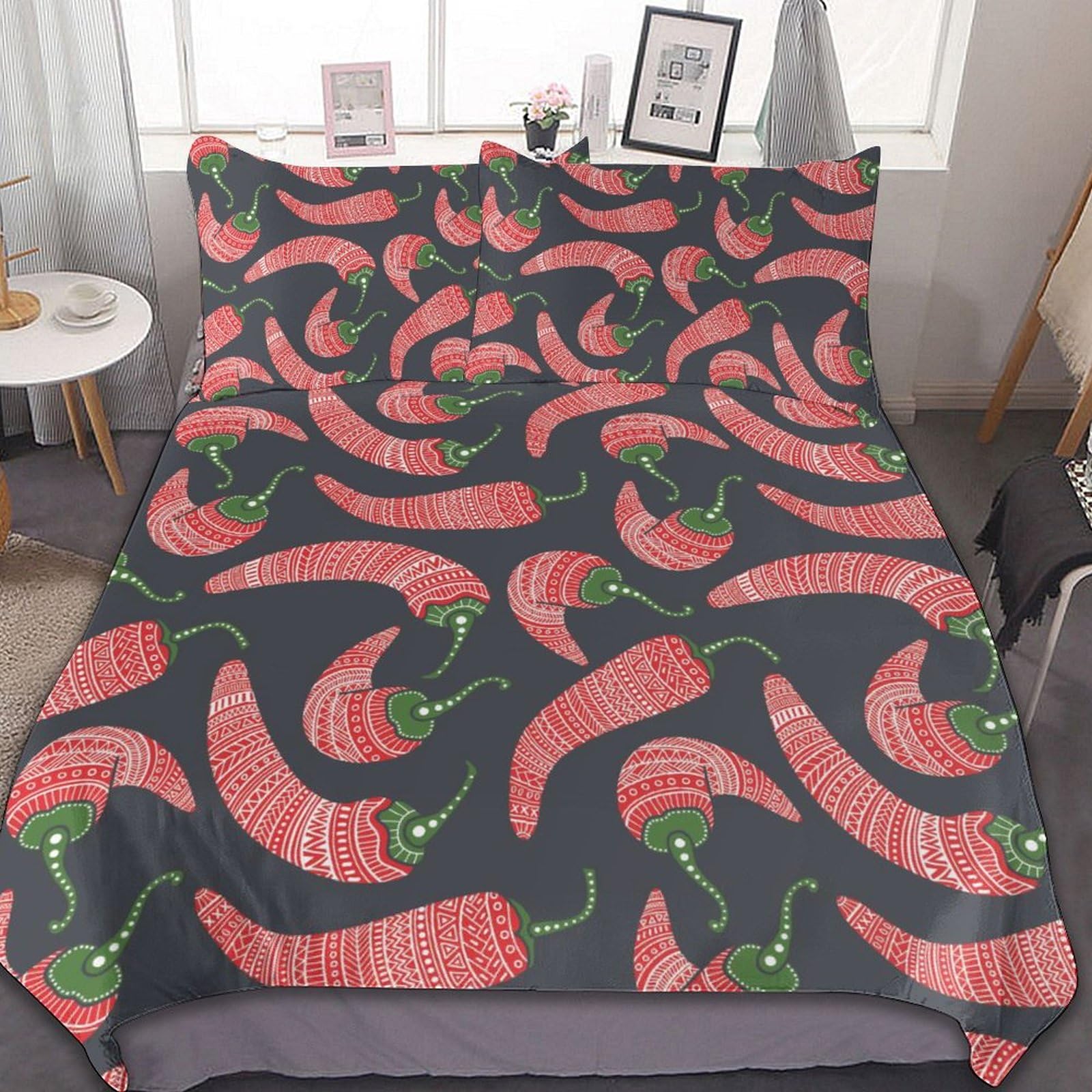 

Red Chili Duvet Cover Pepper Bedding Set for Kids Boy Room Decor Farm Vegetable Comforter Cover Set Queen Size Yummy 3Pcs Zipper EU Single(135x200cm)