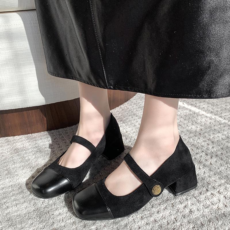 2025 New Thick Heel Mary Jane Single Shoes Women's New Spring French Mid Heel Evening Black Square Head Small Shoes