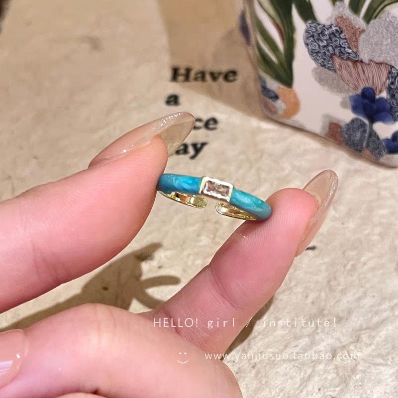Super White Fritillary Enamel Blue Ring Women'S Niche Design Adjustable Index Finger Open Ring Light Luxury High-End Ring