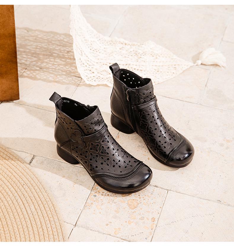 Letní retro vyřezávané kotníkové boty z hovězí kůže na robustním podpatku a se sandály s měkkou podrážkou pro ženy