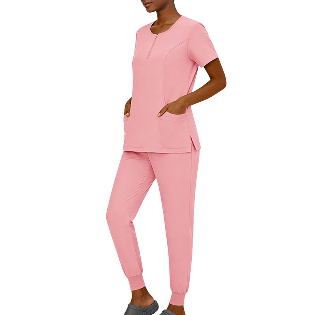 Women's Short Sleeved Color Round Neck Pocket Top Pants Work Clothes Two Piece Set