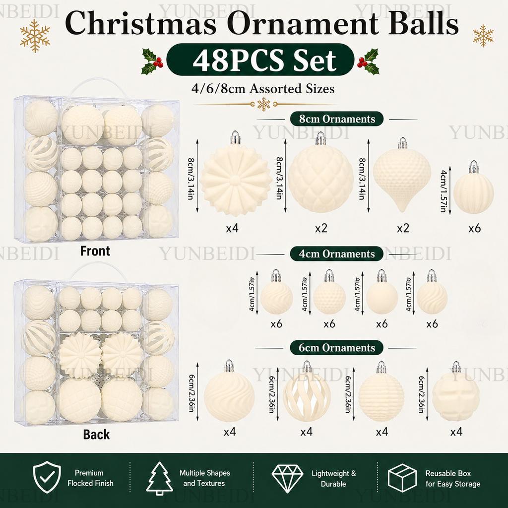 Velvet Christmas Ornament Balls Set 48PCS Plastic Flocked Baubles DIY Christmas Tree Decor Holiday Home Party Hanging Decor
