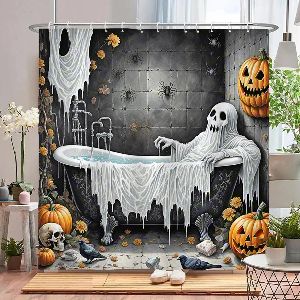 Lustiger Halloween-Duschvorhang Wasserdichter Badezimmer-Vorhang Schrecklicher Verrückter Skelett, Geist, Dunkler Stil Heim-Dekorationsvorhang