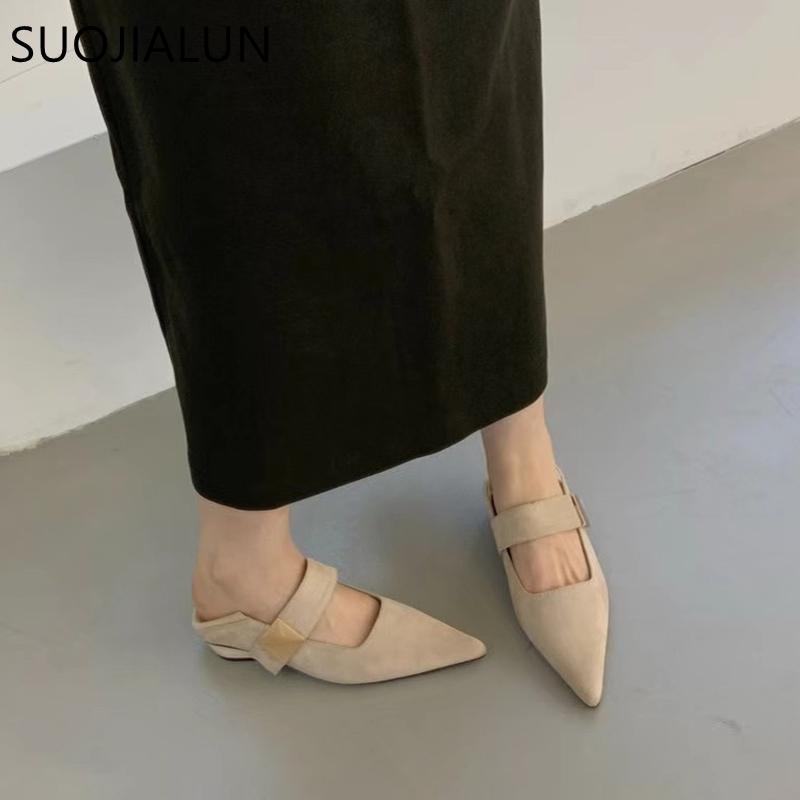 Fashion SUOJIALUN Autumn Women New Brand Flat Shoes Fashion Red Pointed Toe Mary Jane Shoes Buckle Flat Heel Outdoor Dress Ballerinas