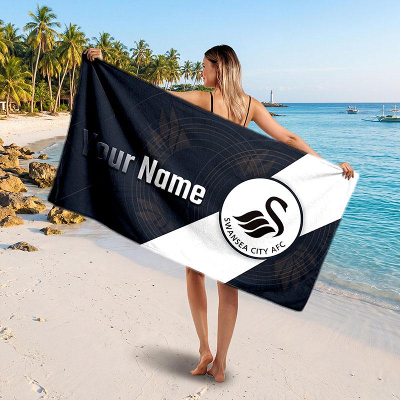Swansea City FC Custom Beach Towel, Personalized Name Text Print, Football Logo Soft Quick‑Dry Towel Holiday Gift
