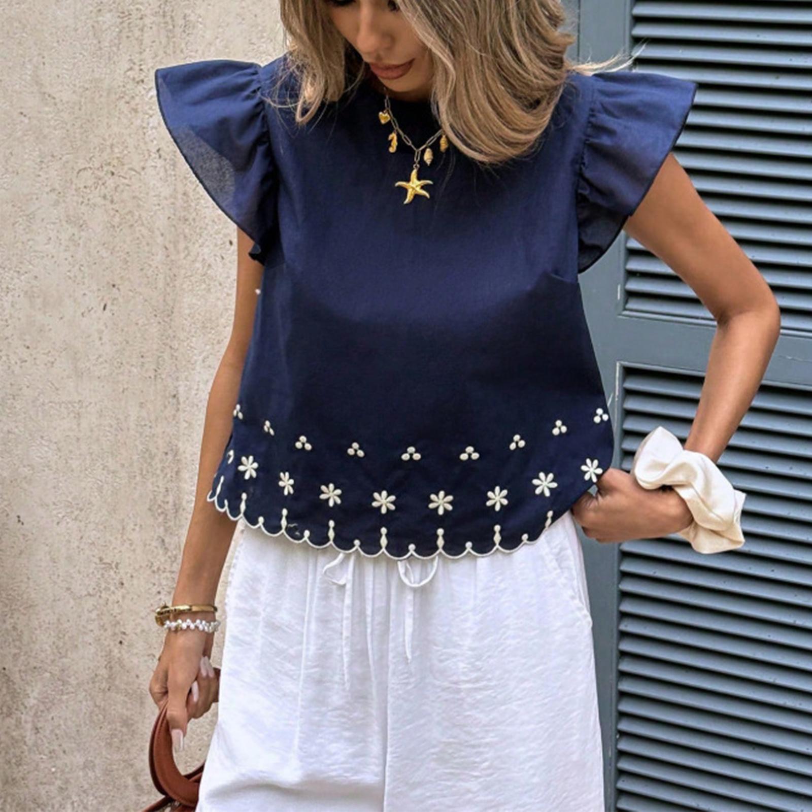 

Women s Cotton Embroidered Flying Sleeve Casual Shirt Top XL Темно-синій