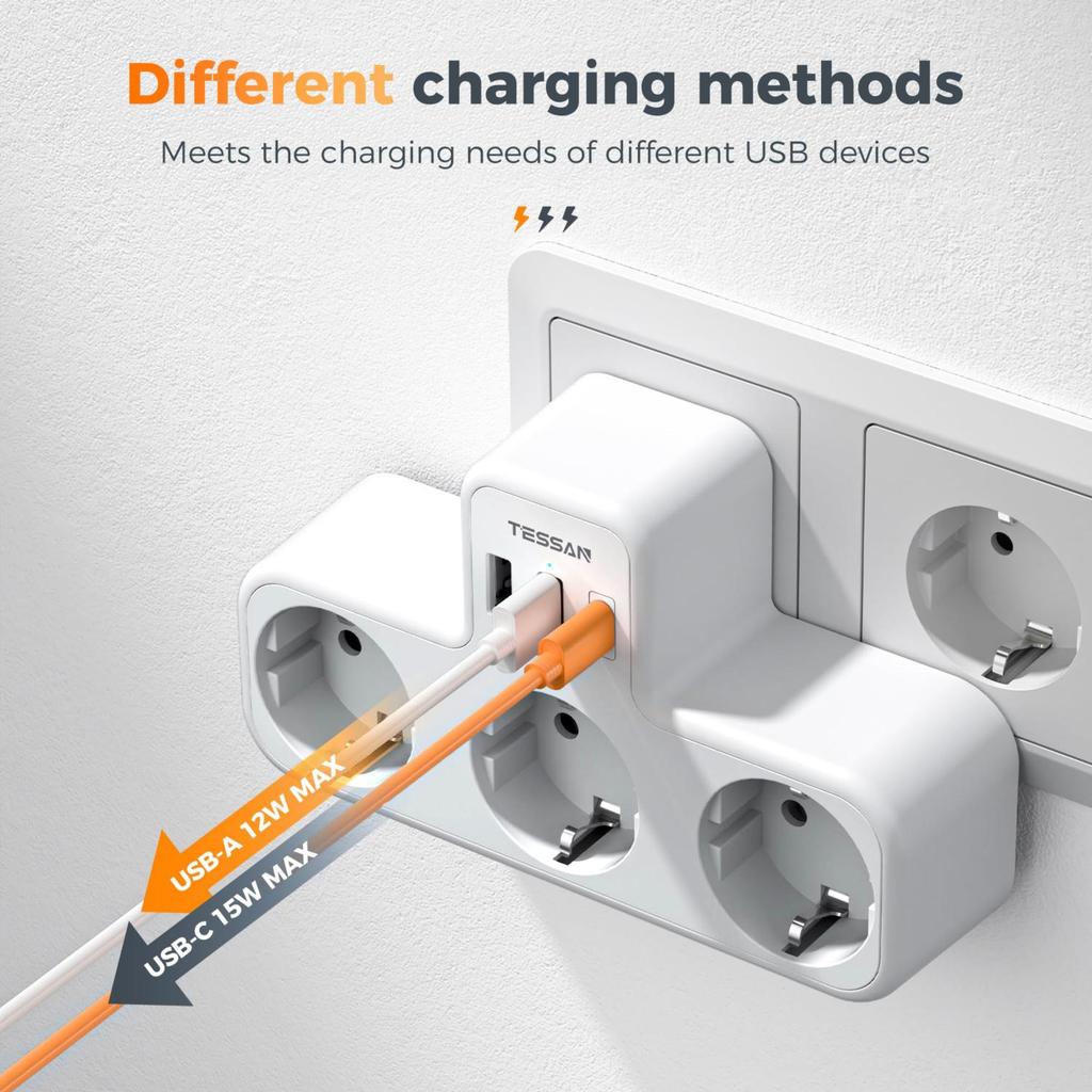 Tessan Keli sieniniai lizdai su 2 USB C 1 USB A prievadais, 6 viename USB adapteriu su apsauga nuo perkrovos išmaniajam telefonui, planšetiniam kompiuteriui