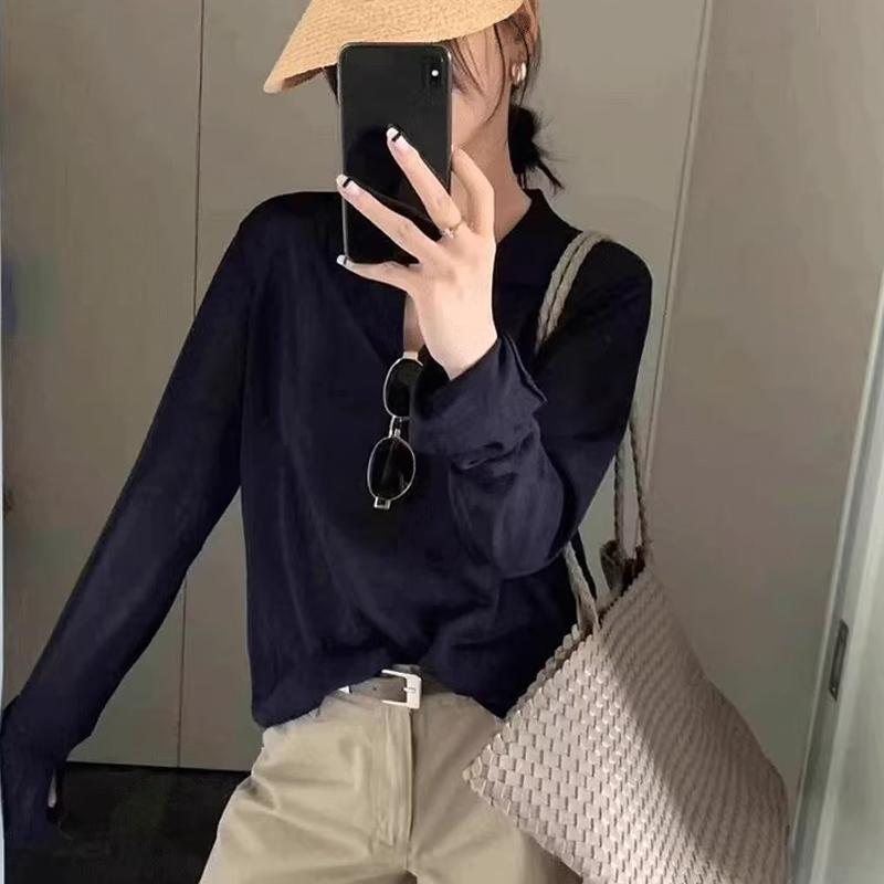 Korean Temperament Lapel Sweater Autumn Women Solid Color Long Sleeve Loose Versatile Knitted Top