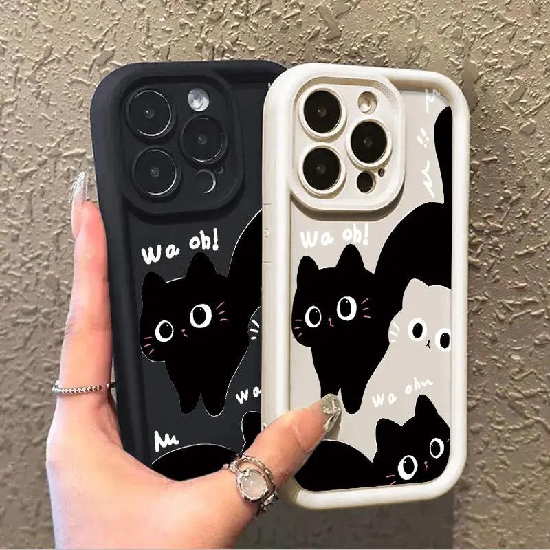 Cartoon Little Black Cat Cute Couple Phone Case For iPhone 16 15 14 13 PRO MAX 11 12 X XS XR 7 8 Plus Mini Y2k Shockproof Cover