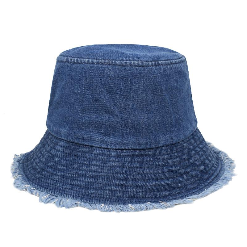 Džínový klobouk typu bucket hat pro ženy, retro s odřenými a surovými okraji, novinka na jaro a léto, snadno kombinovatelný pro ochranu před sluncem