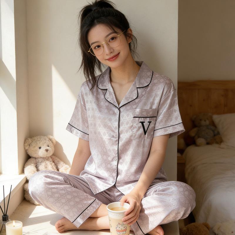 Light Luxury Style Ice Silk Girl Pajamas Summer Short Sleeves Trousers Cool Jacquard Lace Lace Loungewear