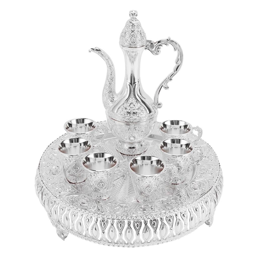 Vintage Wine Pot Set European Retro Coffee Pot Tray Kit Decorative Zinc Alloy Exquisite Carving Wine Cups for Home Party Dinner