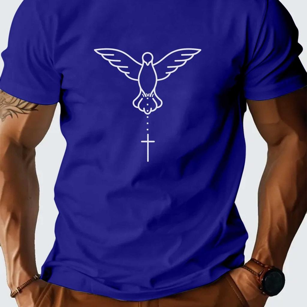 Holy Spirit Dove Cross Graphic Tee Mens Casual Cotton Breathable Short Sleeve TShirt