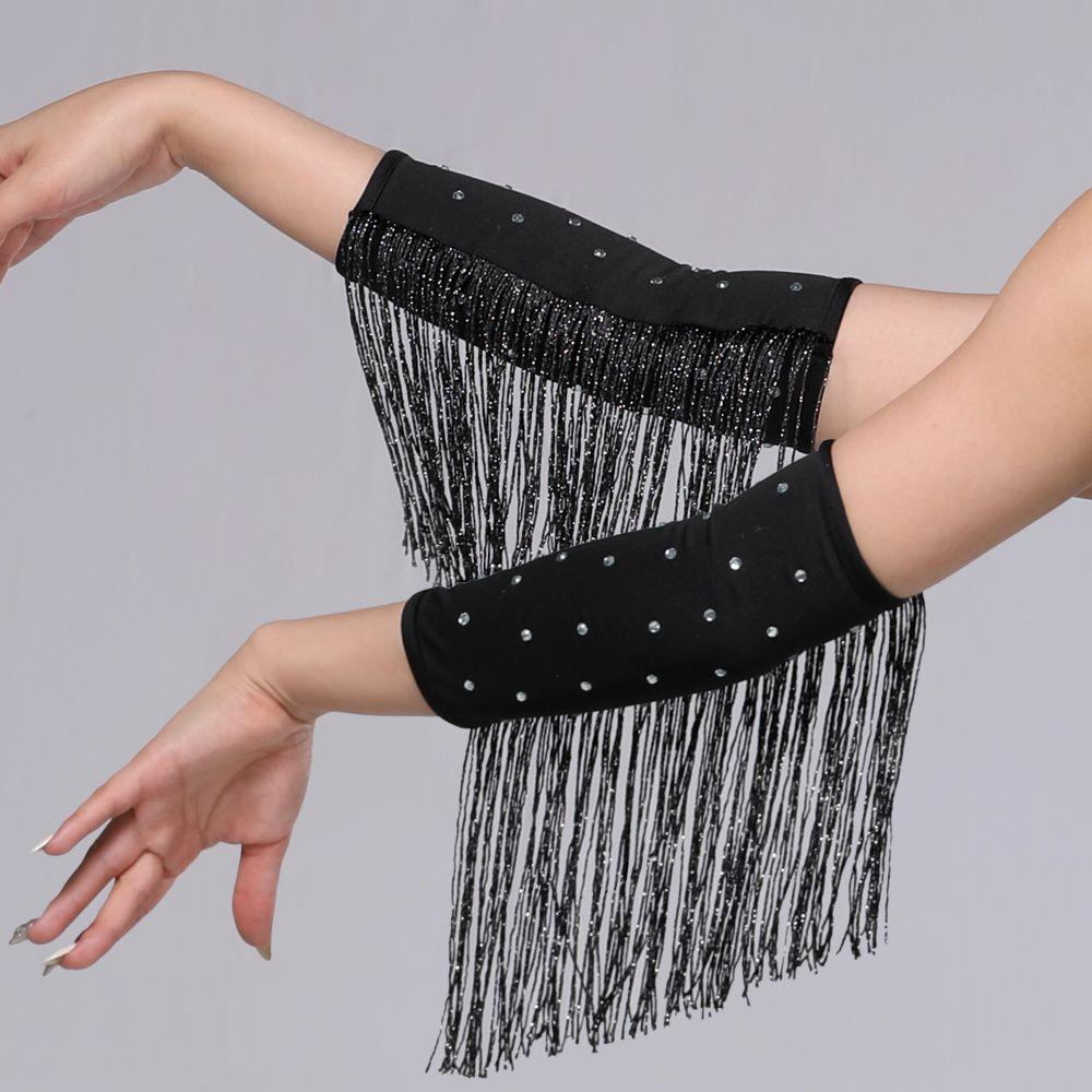 Drilling Rhinestone Latin Dance Fringed Sleeves Flash Fringe Tassel Gloves  Women
