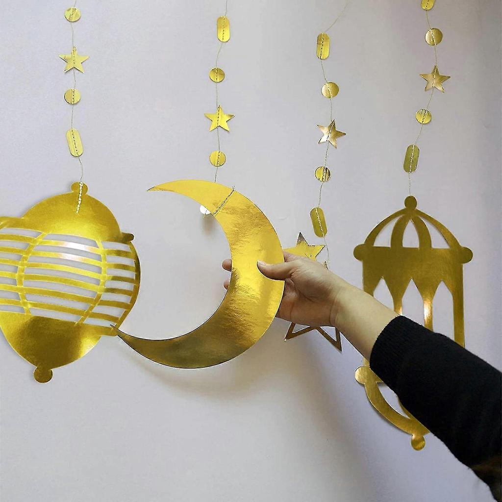 Eid Paper String Pendant 8pcs/set Golden Moon Star Hanging Garland for Banner Ornament for Islam Muslim Ramadan Party Wa less