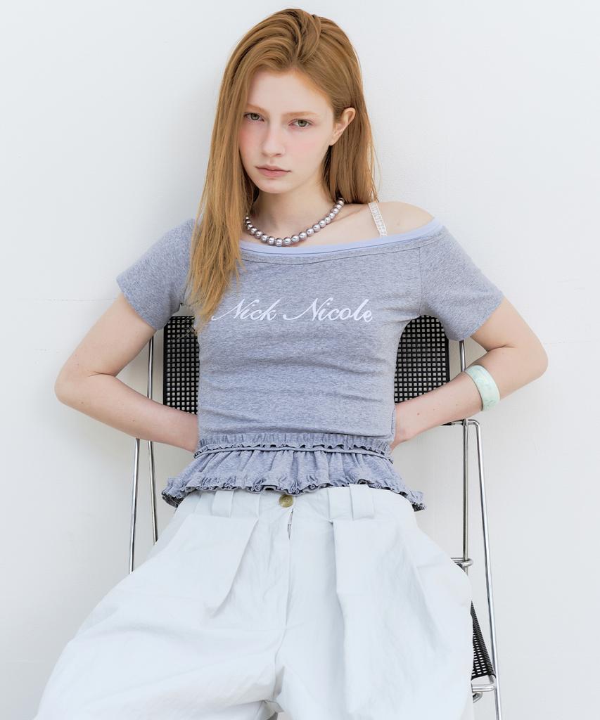 Nigaennikol Off-Shoulder Frill Crop Top_Gray
