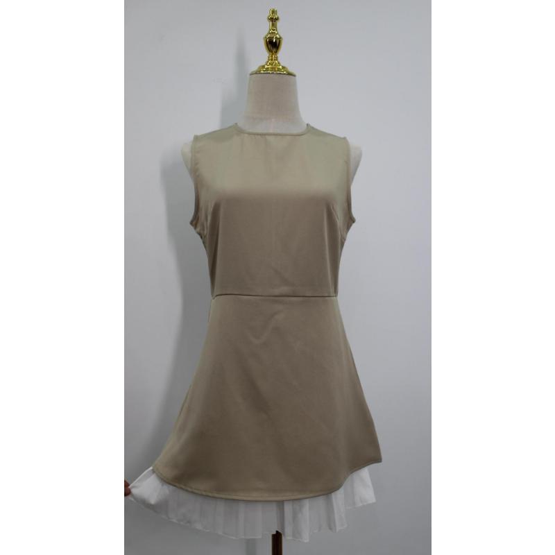 Women Black White Contrast Sleeveless Round Neck Mini Dress Pleated Hem Patchwork Slim Fit Elegant Evening Party Casual Vacation Short Dress