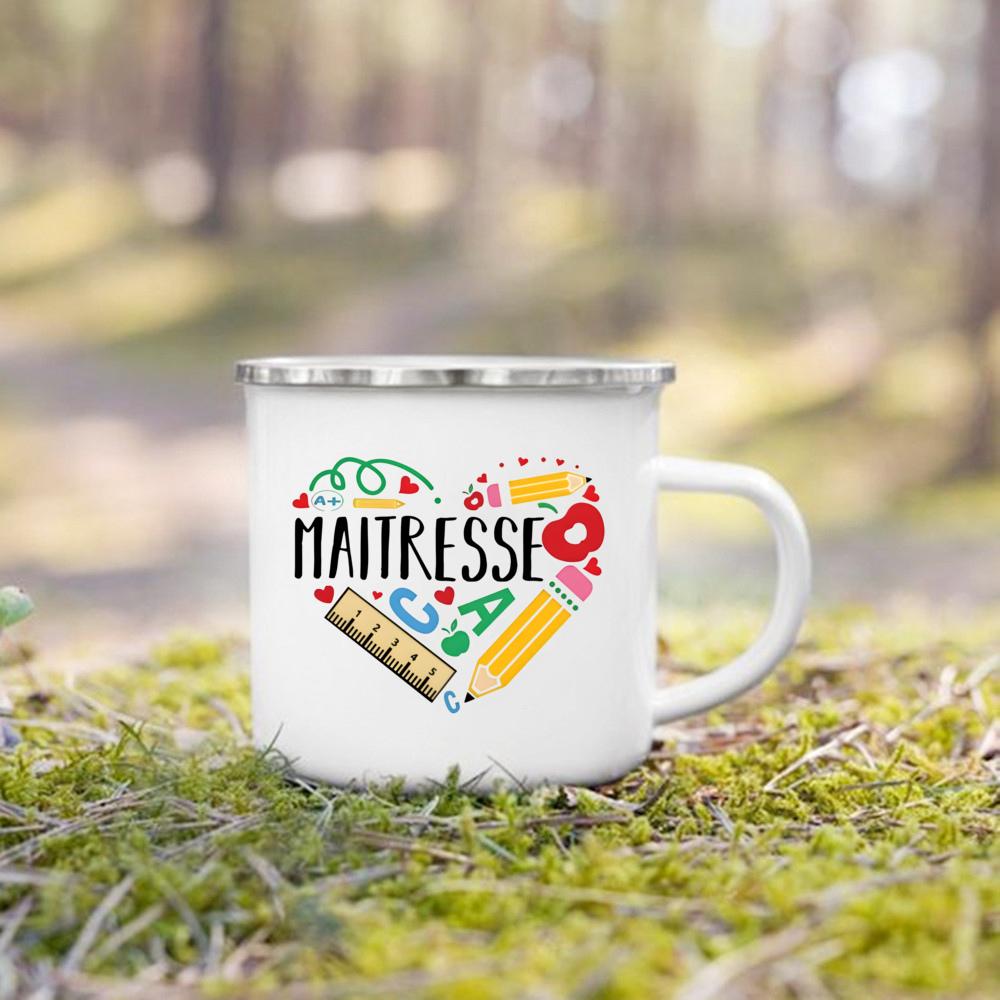 Merci Maitresse French Printed Mug Creative Coffee Cup Drinks Enamel Cup Handle Drinkware Teacher s Day Thanks Gift for Teacher 360ml