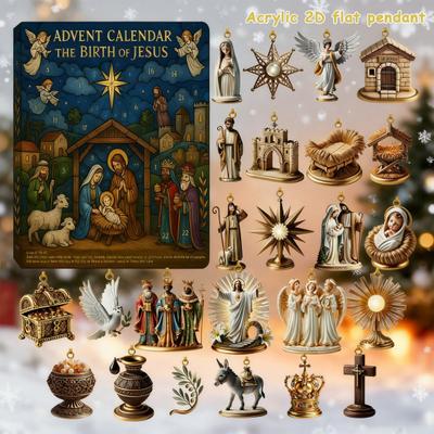 2025 Cesta do Betléma Adventní kalendář 24 Akrylové ozdoby s biblickými motivy Odpočítávací dekorace na vánoční stromek pro domov Sváteční