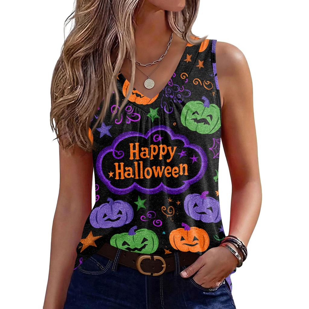 Women's Sleeveless V-Neck Halloween Print Tank Top for Casual Wear