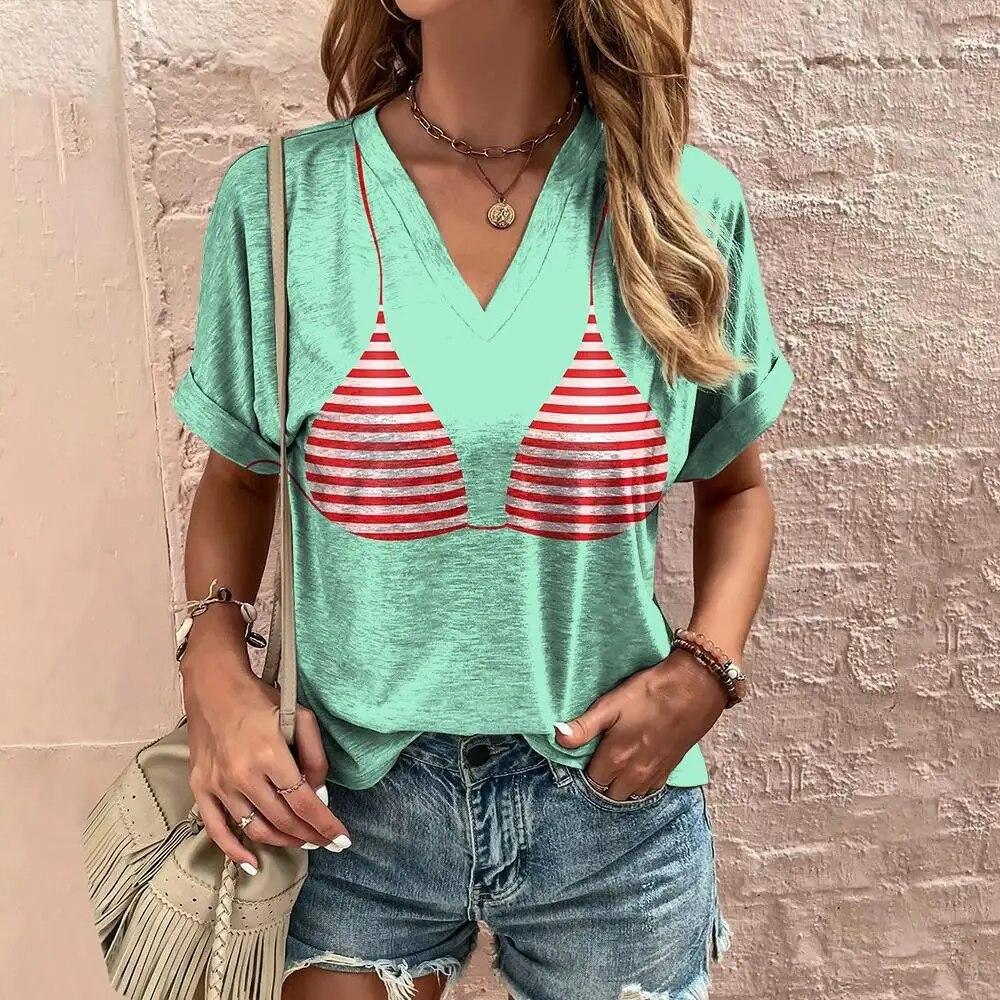 Summer Funny Bikini 3D Print T-shirts Women Casual Fashion Streetwear Short Sleeve V-Neck T Shirt Harajuku Tees Tops Clothing