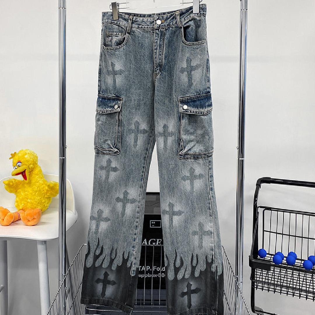 

Модные брендовые джинсы High Street Flame Cross Wash, мужские прямые брюки с широкими штанинами XXXL