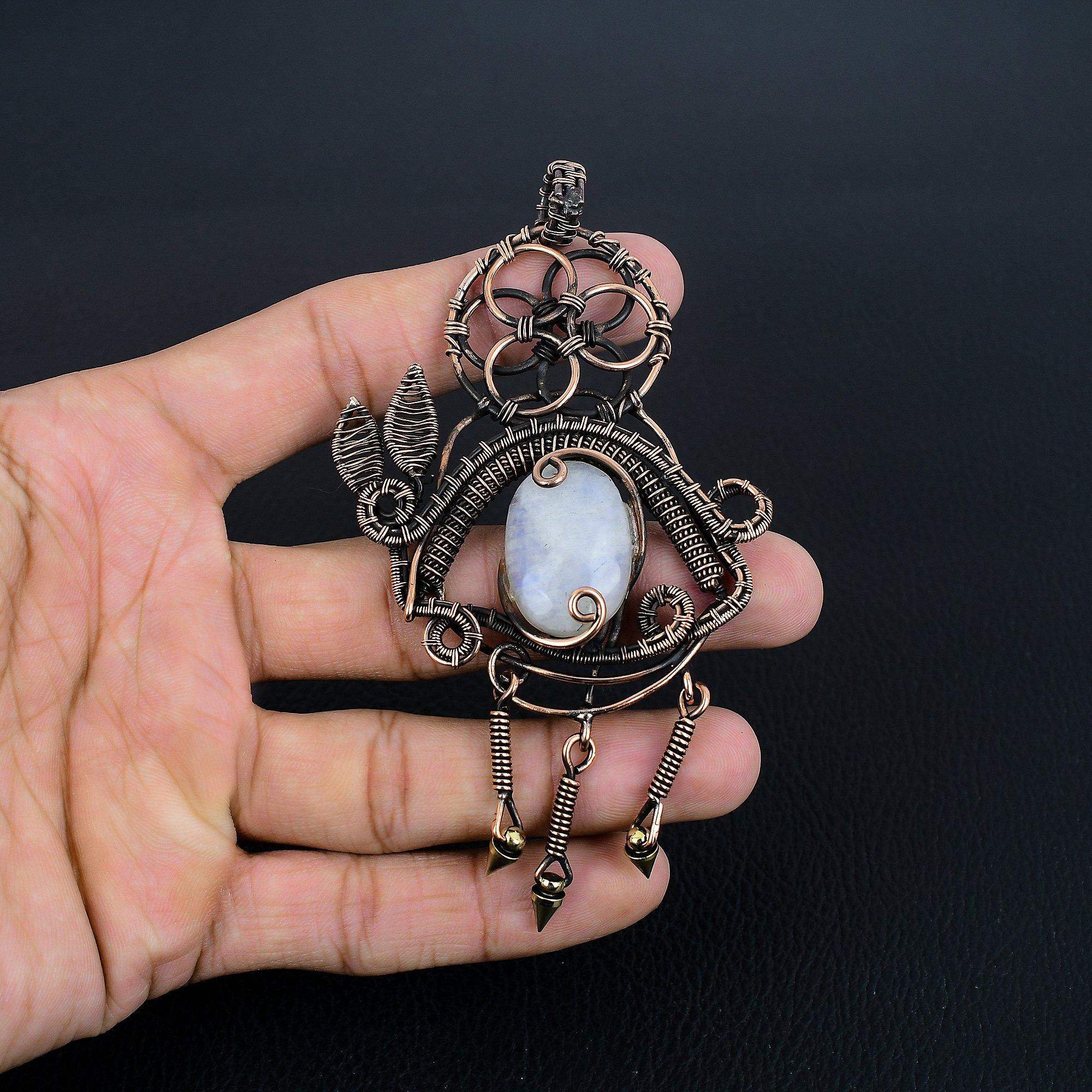 

Подвеска из радужного лунного камня, ювелирное изделие из драгоценного камня, подвеска, обернутая медной проволокой 999 пробы, красивая подвеска ручной работы 2.55 Inches