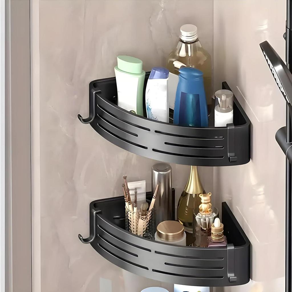 Bathroom Corner Shelf | Self Adhesive Stainless Steel Corner Shelf for Bathroom | Bathroom Organiser Without Drill with 2 Hooks