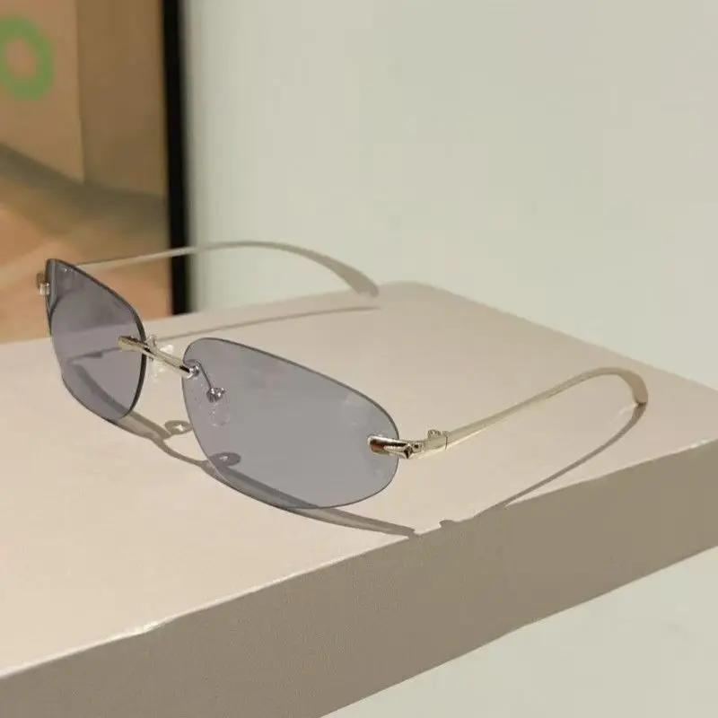 Unisex Frameless Metal Oval Glasses Korean Style Cat Eye Anti Blue Light Eyewear for Women Fashion Round