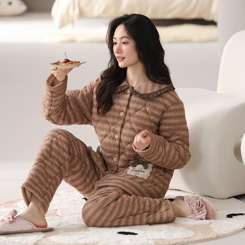 Pajamas Women'S Winter Three-Layer Thickened Velvet Woven Pure Cotton Padded Cotton Winter Padded Jacket Homewear Warm Suit