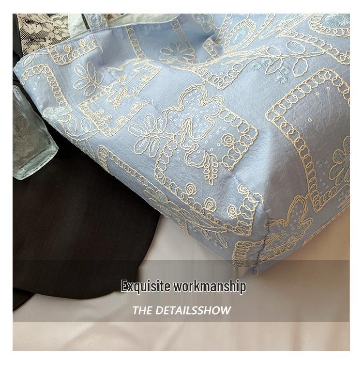 Women's Trendy Korean-Style Embroidered Nylon Tote: Large-Capacity Casual Commuter Shoulder Bag.