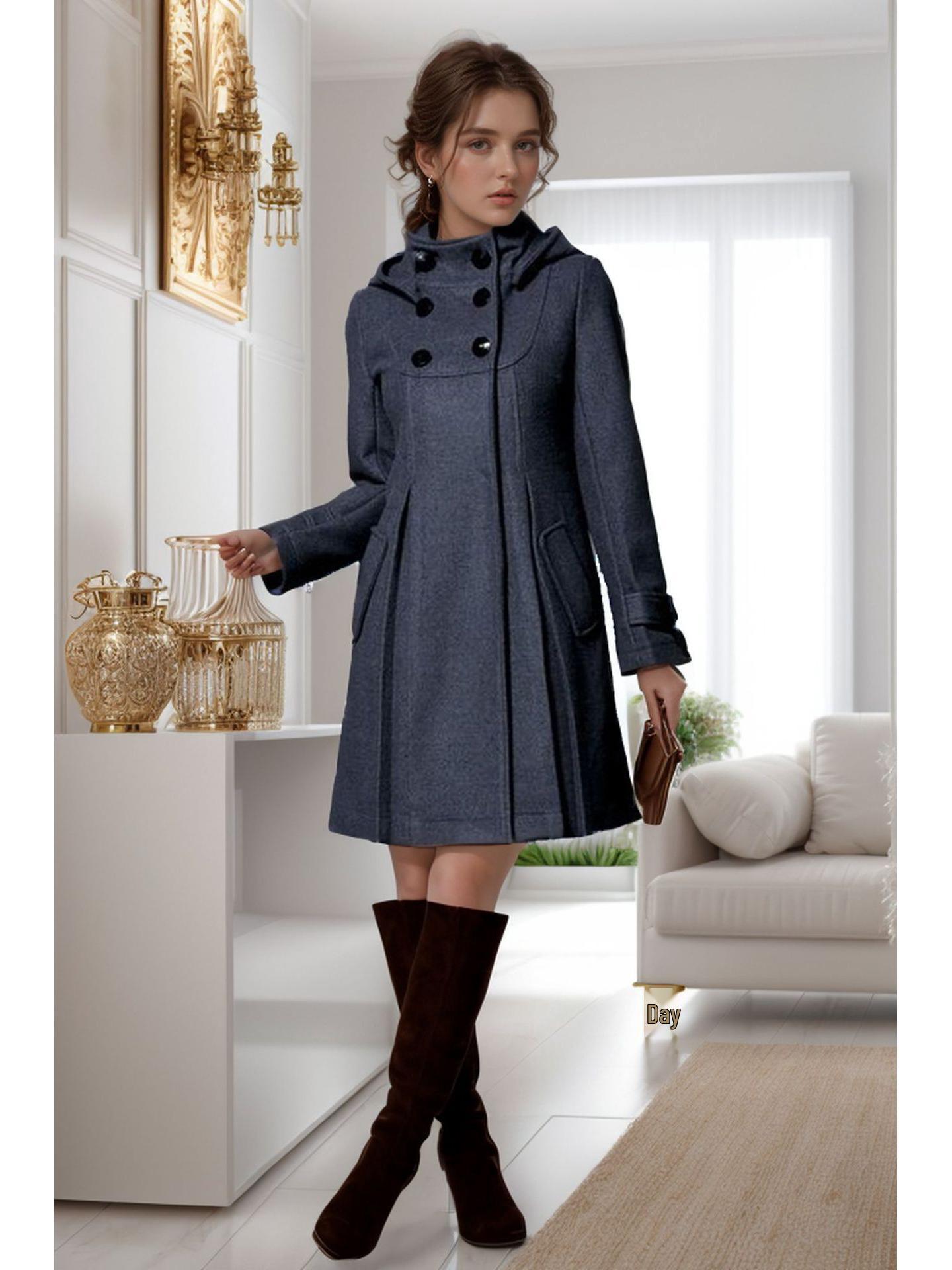 Women s Hooded Double-Breasted Wool Cape Coat - Mid-Length Trench Style M