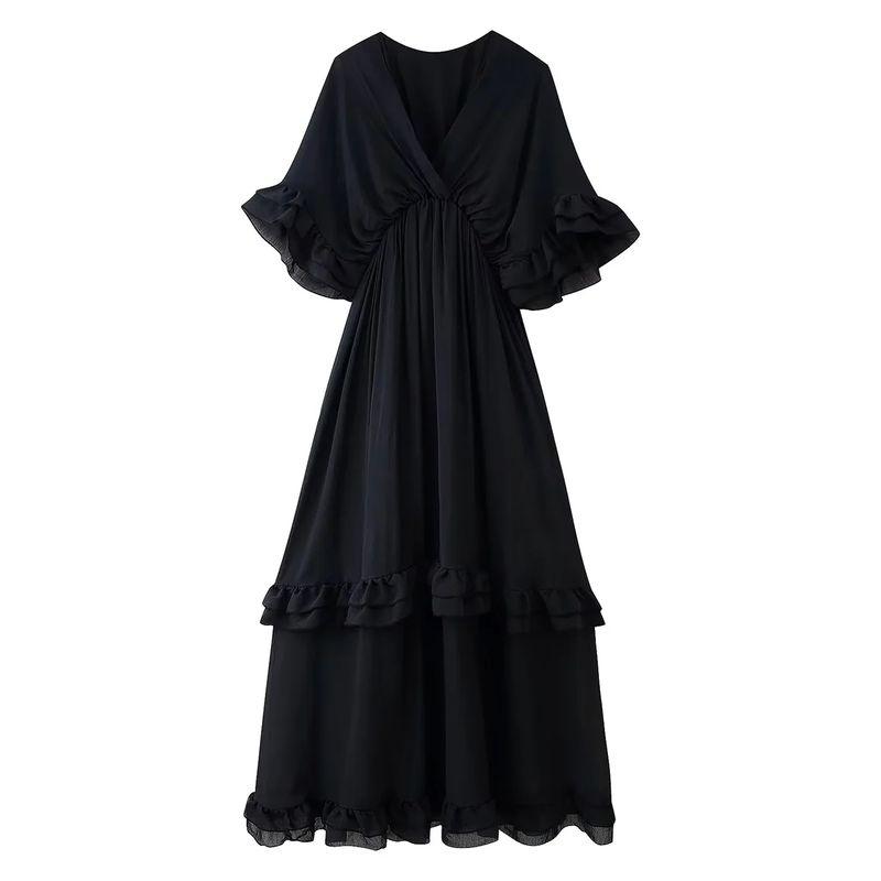 Summer New Women clothes Seaside Holiday Style V-neck Horn Short sleeve Waist Hugging Slimming Frill Long Dress