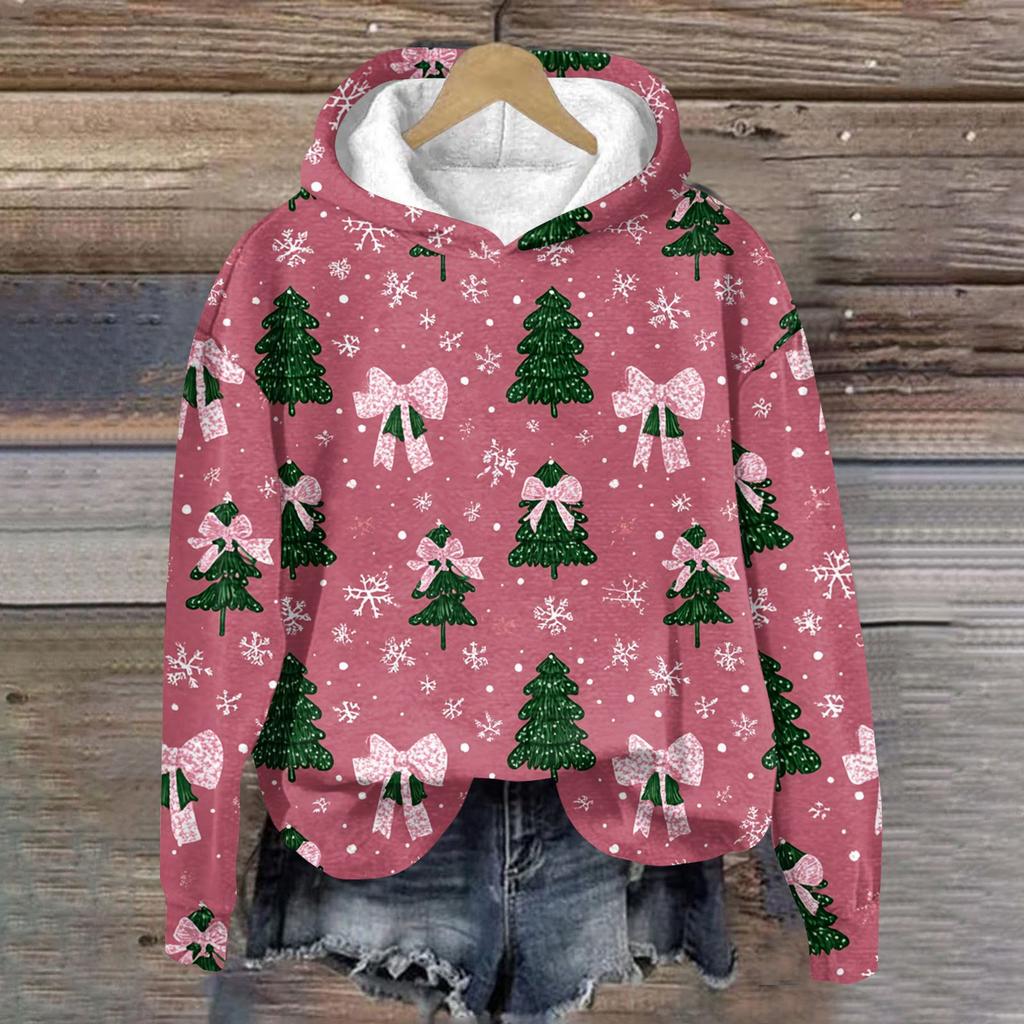 Women's Fashion Long Sleeve Christmas Print Loose Hooded Sweatshirt Top
