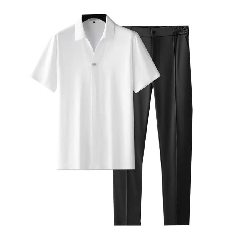 Herren Business Casual Kurzarm Nahtloses Seidenähnliches Zweiteiliges Set