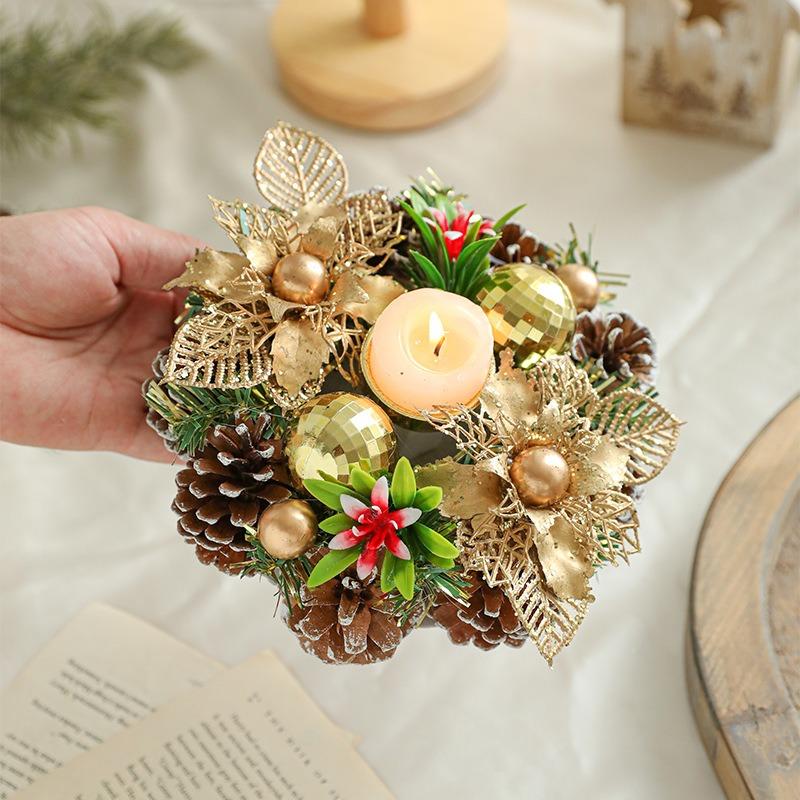 New Christmas candle holder, imitation wreath, lamp holder ornament, vintage wooden glass candle holder, dried flower aromatic candle holder