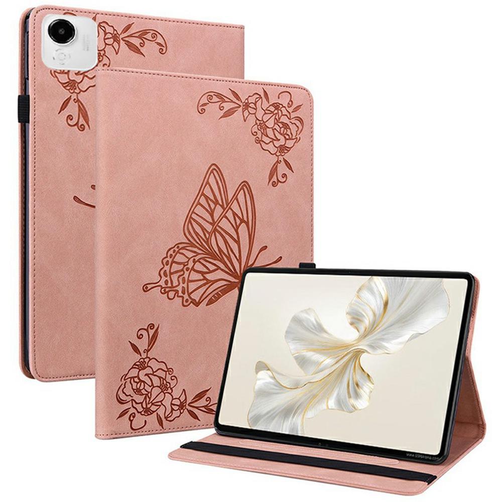 

For Honor Pad X9a Case Butterfly Flower Imprint PU Leather Tablet Cover with Card Slots Pink