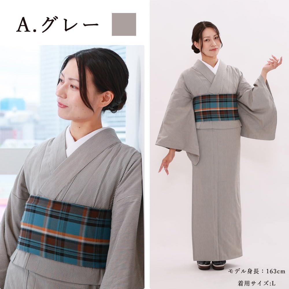 Kyoto Kimono Yuzen Washable Kimono, Hickory, Komon, Made in Japan, Single-Layer Kimono, Women's, Ready-to-Wear, Striped (Gray, L)