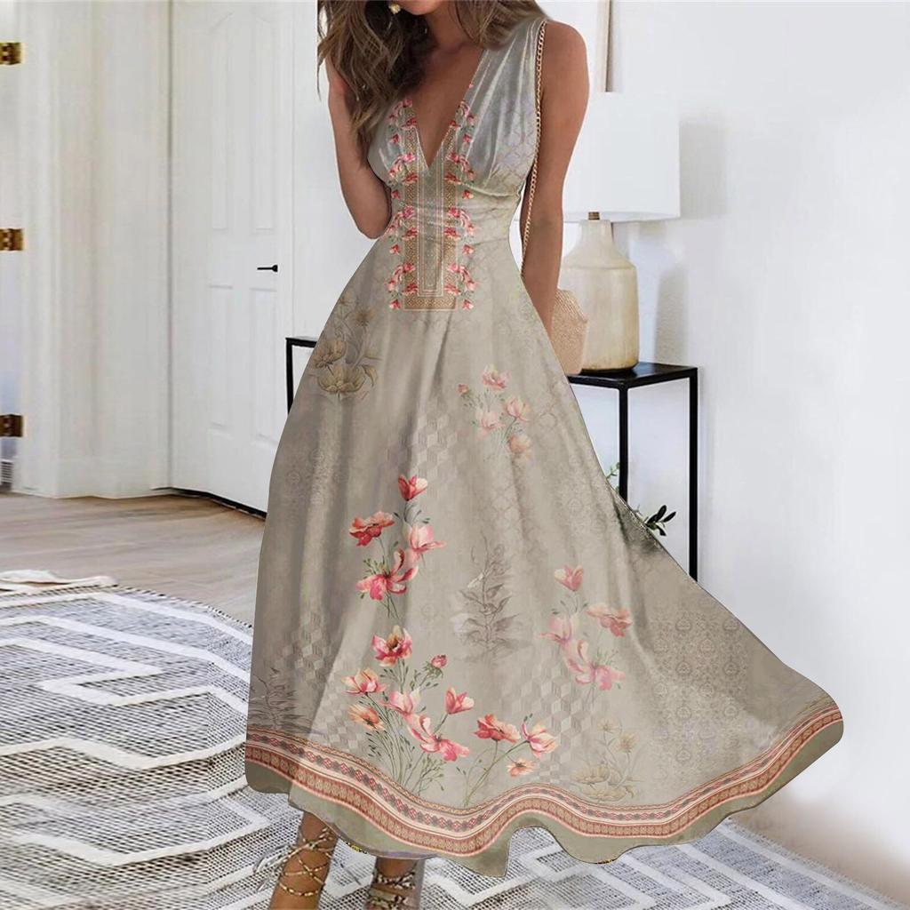 Robe longue pour femmes, robe Maxi décontractée, été, décontractée, sans manches, col en V, style Boho, taille rétractée, robe imprimée