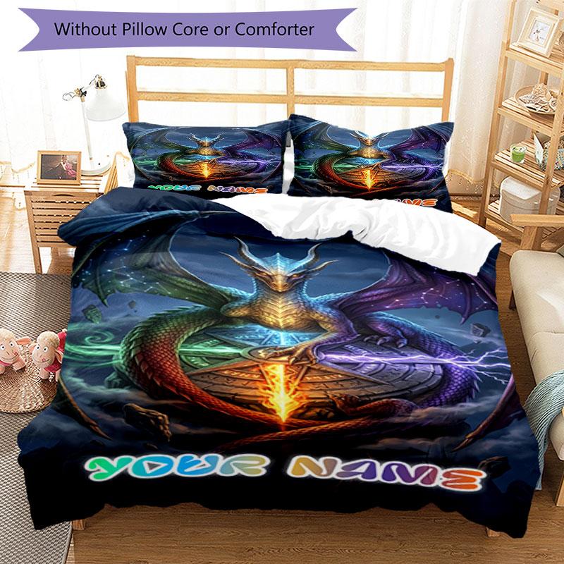 3pcs Custom Name Epic Dragon Fantasy Art Bedding Set Printed Bedding Set Duvet Cover Closure Includes 1 Duvet Cover & 2 Pillowcases Bedroom Decor