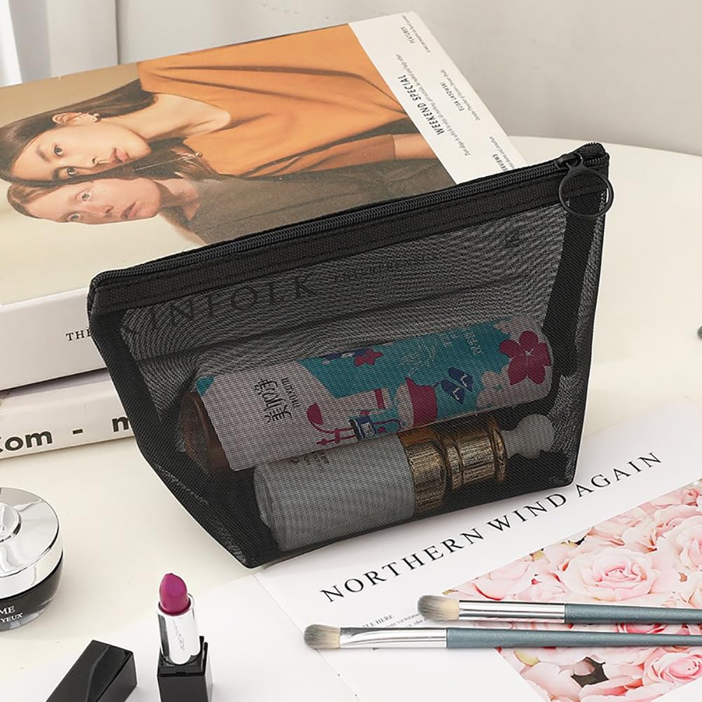Mesh Cosmetic Nylon Makeup Pouch for Cosmetics and Small Perfect for Business Trips and Flat and Pack of 4 Pouch, Items, Travel, Square, (Black)