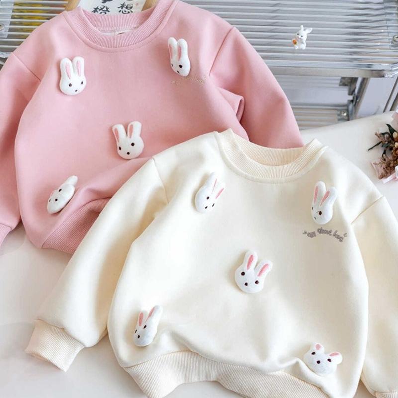 Roupa Infantil Estilo Coreano Moletom Feminino Inverno Nova Moda Crianças Desenho Animado Coelho 3D Moletom Primavera Outono Blusa Casual Uso Diário