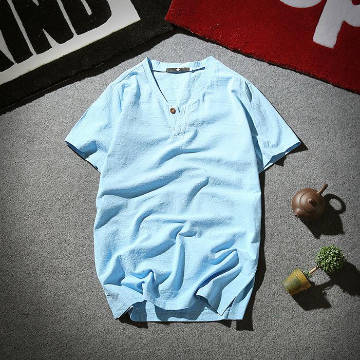 Men's Summer 2026 Cotton Linen Two-Button Short Sleeve T-Shirt - Soft & Breathable