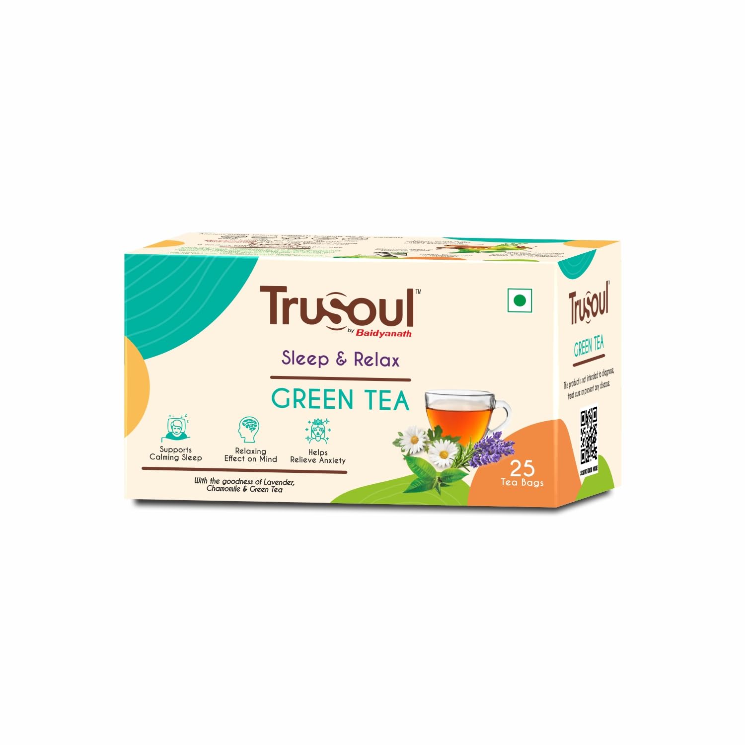 TruSoul By Baidyanath Natural Herbal Sleep and Relax Green Tea - 25 Bags | Enriched with Goodness of Lavender and Chamomile - Supports Calm
