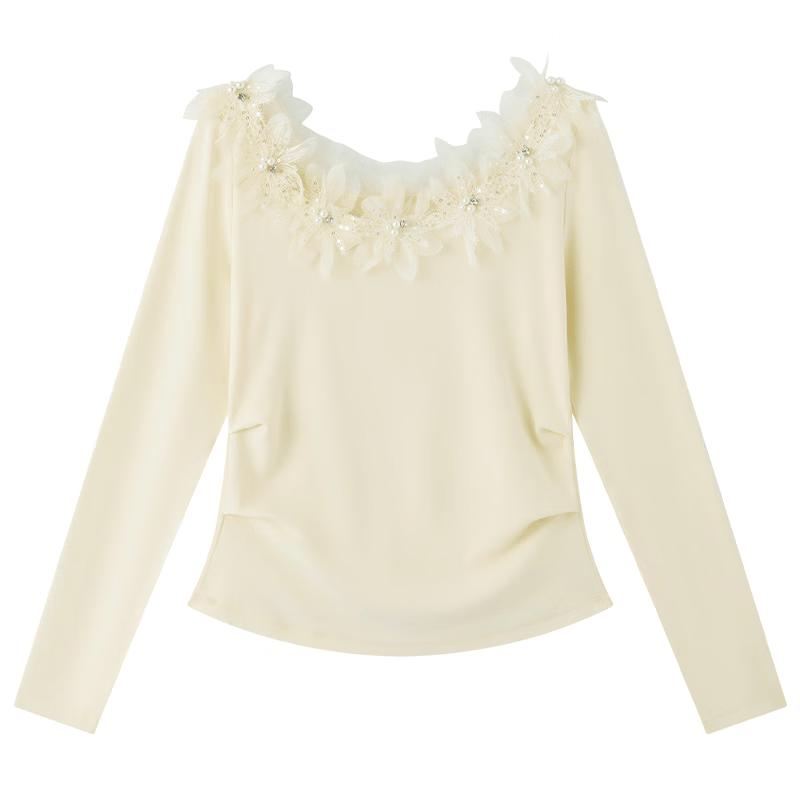 La Chapelle Women's Long-Sleeve T-Shirt with Beaded Tulle Collar