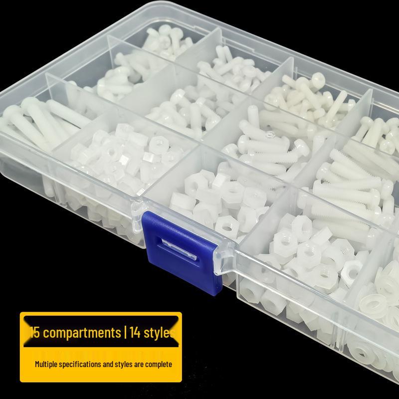 Round Head M3 M4 Nylon Screw Set with Nuts & Washers, Corrosion-Resistant, Insulating, White Plastic Box