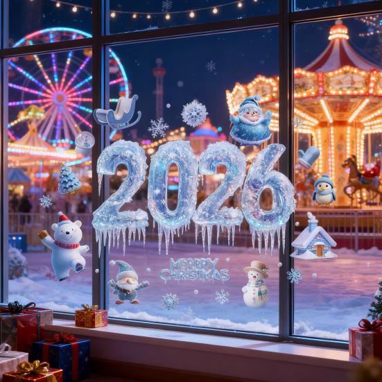 2026 Christmas Window Clings Blue Snowflake Ice Double-Sided Window Stickers PVC